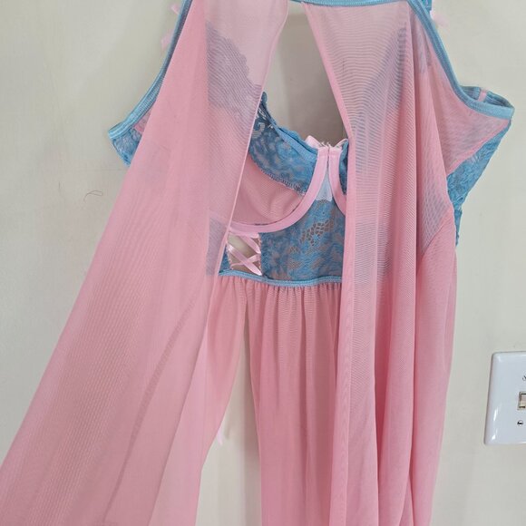 Women's Plus 4x Pink and Blue Babydoll Lingerie Slip - Picture 5 of 6